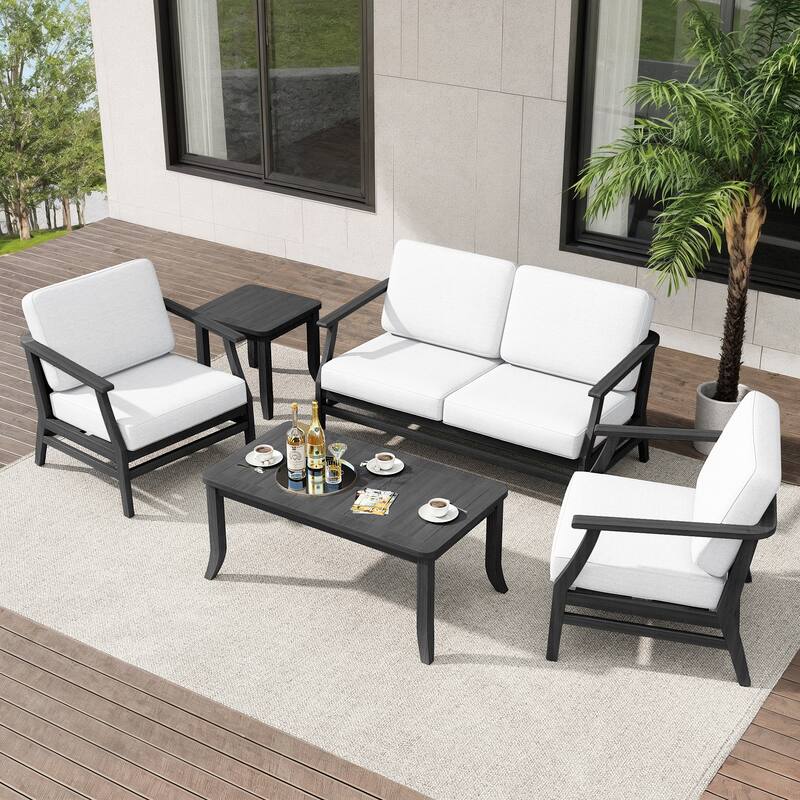 Teak Outdoor Patio Seating Set with Loveseat, Chairs and Tables (5-Piece)