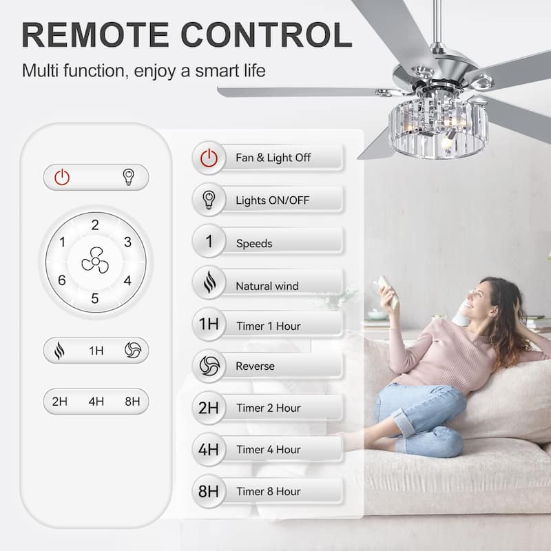 52 IN Chrome 5-Blade Ceiling Fan with Light Kit and Remote