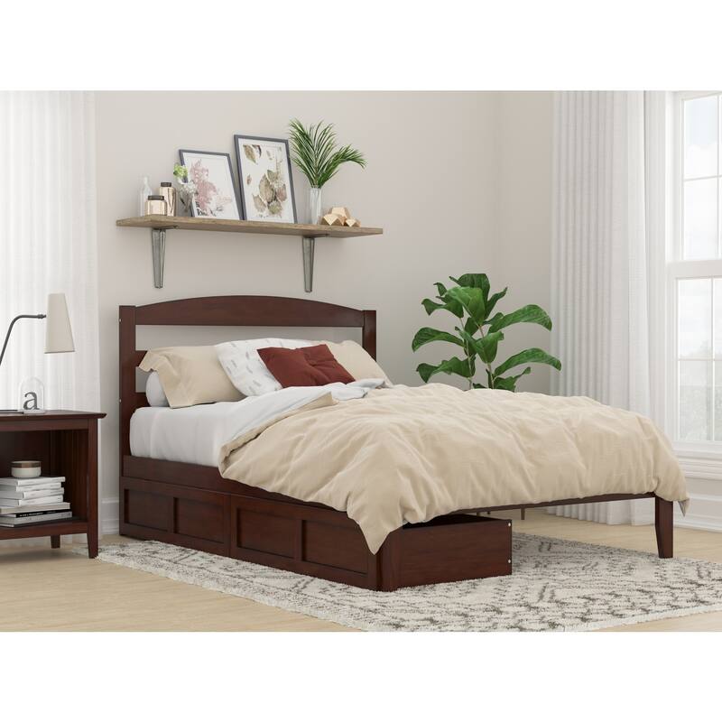 Platform Bed with Drawers, Full Size Bed Frame, Solid Wood & Veneer, Walnut Finish, Modern Bedroom Furniture