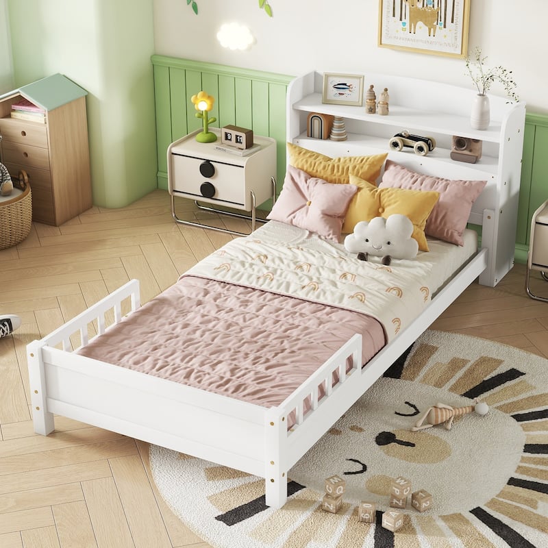 White Twin Pine Wood Bed with Bookcase Headboard, LED Motion Sensor Light, Guardrails - White