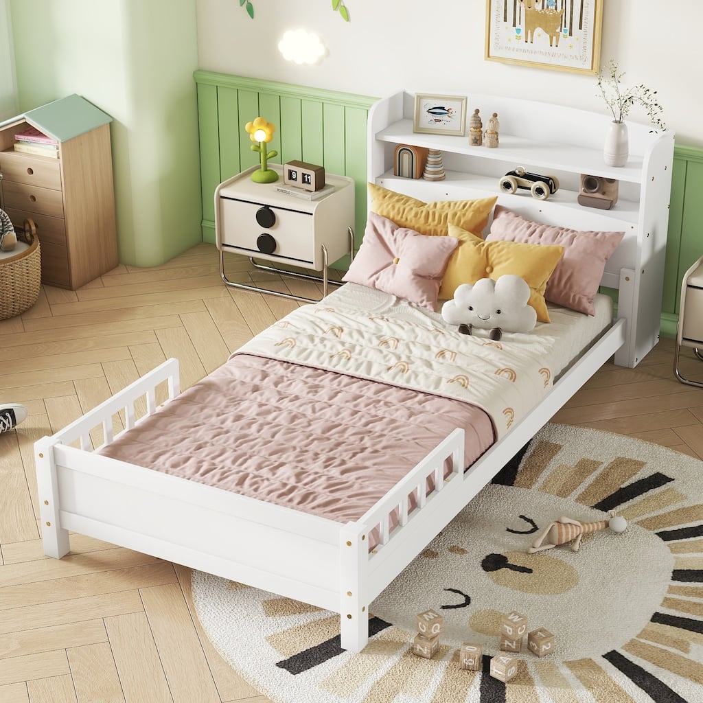 White Twin Pine Wood Bed with Bookcase Headboard, LED Motion Sensor Light, Guardrails