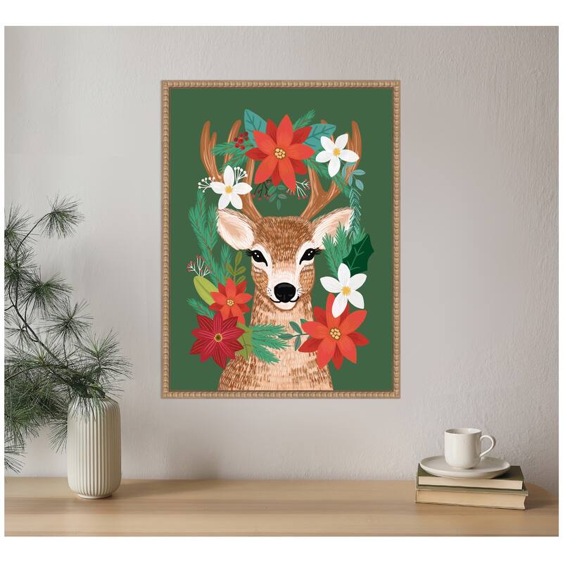 Kate and Laurel Sylvie Beaded Festive Christmas Deer Framed Canvas by Mia Charro - Sylvie Beaded Rustic Natural