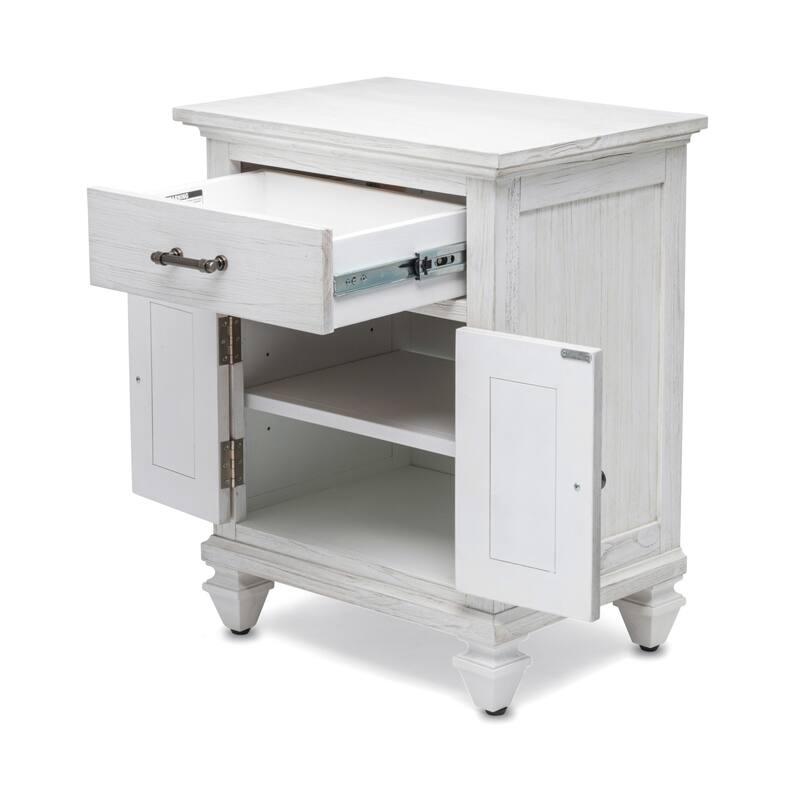 HomeRoots 28" White Solid Wood Distressed Plantation Shutter One Drawer Nightstand With USB Port