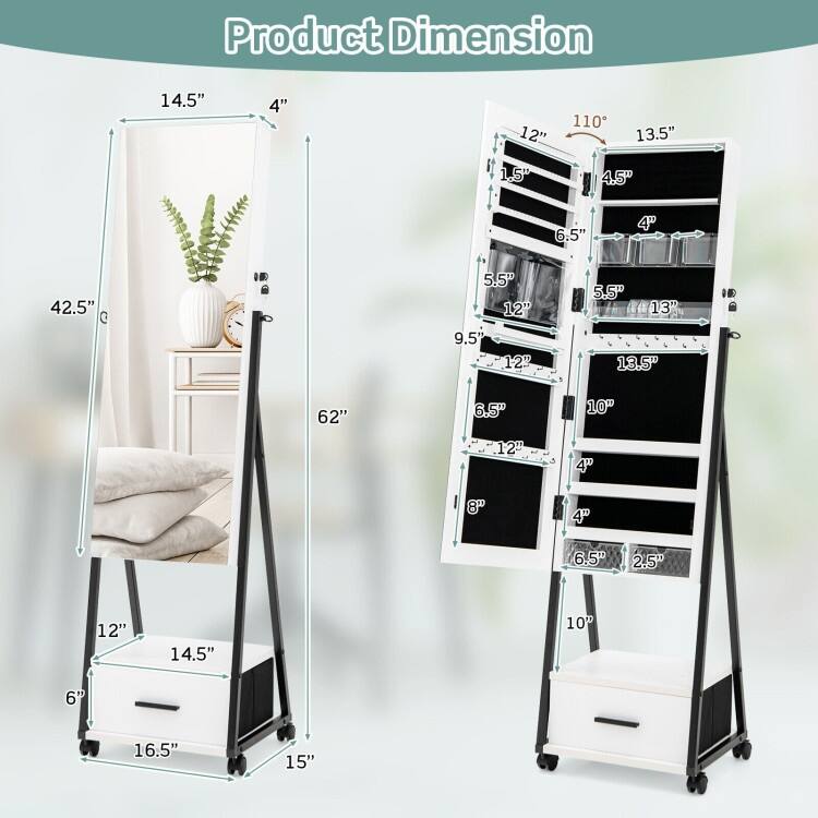 Full-Length Mirror Jewelry Cabinet for Storage and Organization - 16.5" x 15" x 62"(L x W x H)