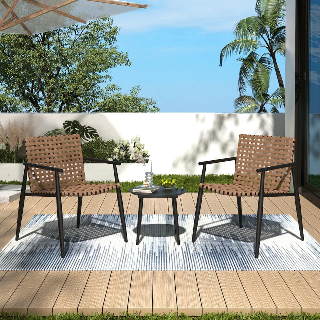 Roomfitters 3-Piece Outdoor Chat Set, PE Rattan Chairs with Glass Top Side Table, Black and Brown