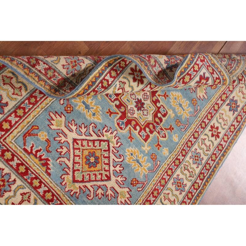 Light Blue Kazak Accent Rug Hand-Knotted Geometric Wool Carpet - 3'4"x 4'11"