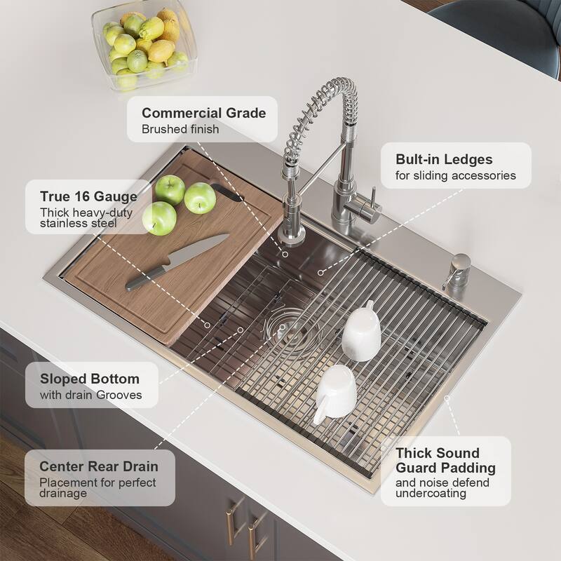 HOROW Drop-in Stainless Steel 33 in. Workstation Ledge Topmount Kitchen Sink 18-Gauge 2-Hole Single Bowl with Integrated Ledge