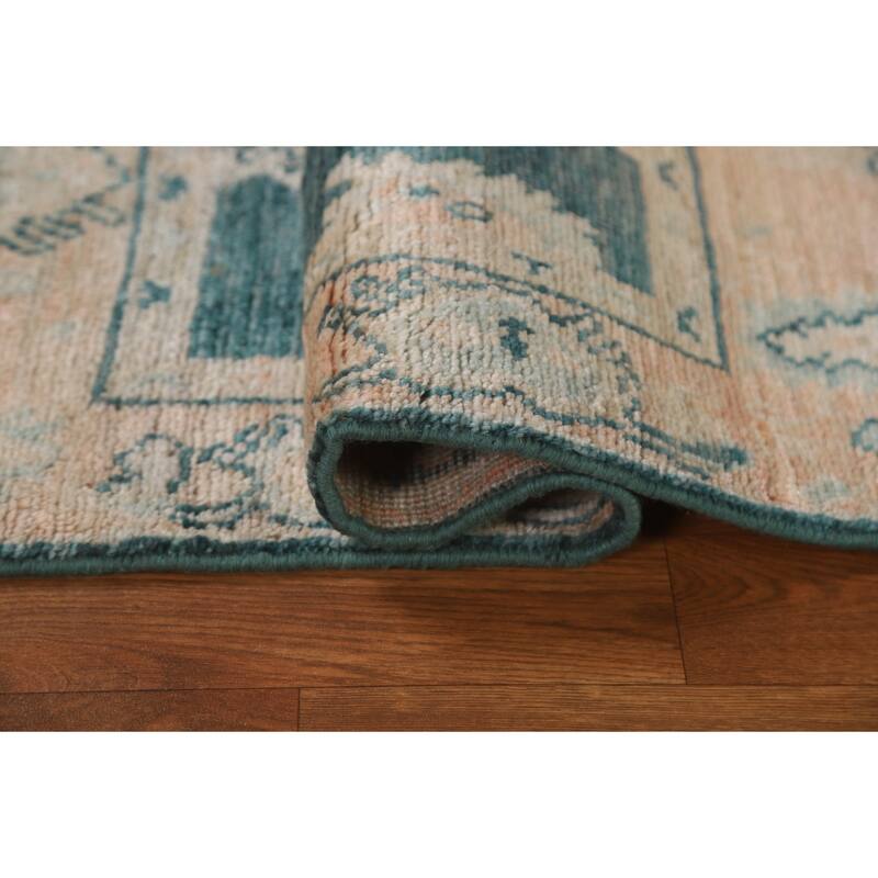 Hand Knotted Oriental 100% Wool Carpet Transitional Geometric Green Oushak Area Rug - 2' 10'' X 2' 1''