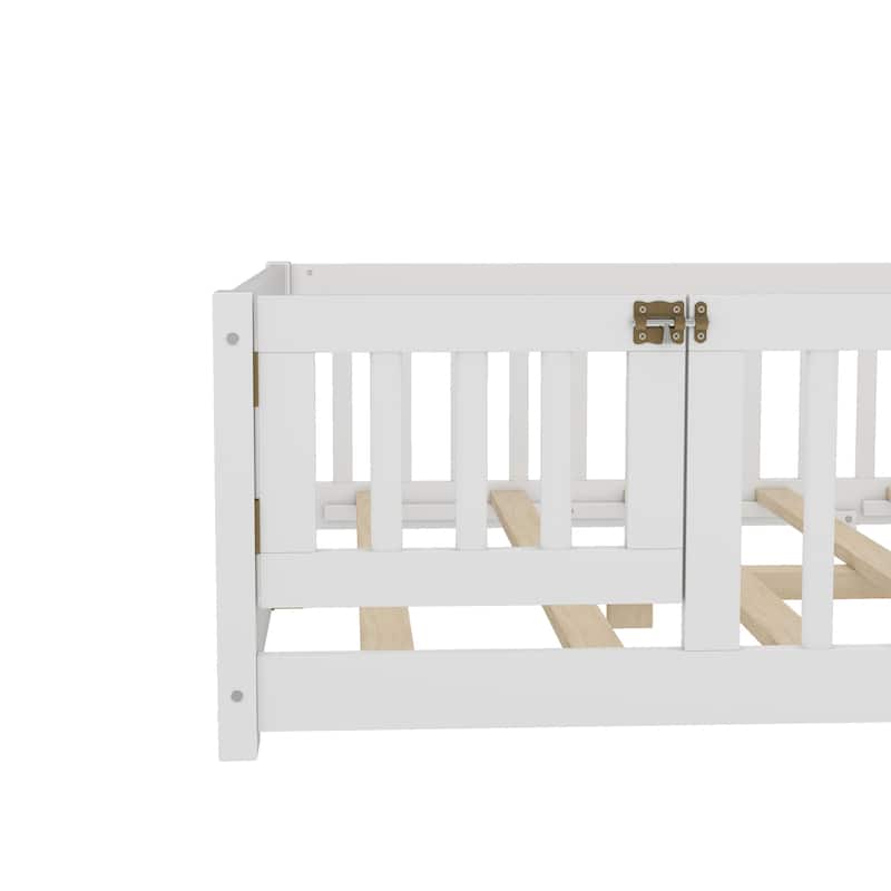 Montessori Toddler Floor Bed with Fence and Switchable Door, Low Profile Bed Frame with Removable Slats, Safe Transition Bed