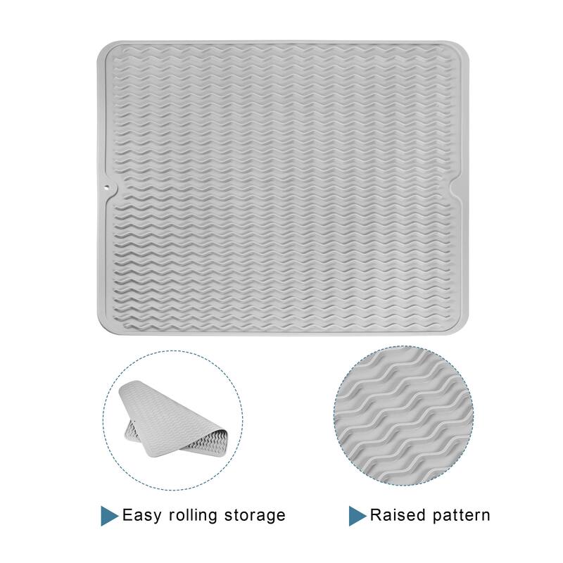 Silicone Dish Drying Mat Drainer Rack Holder Kitchen Pad Tray Rippled - 45 x 40 x 0.5cm - Grey