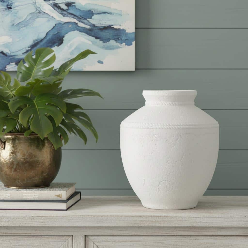 14" White Terracotta Round Jug Vase - 11.80