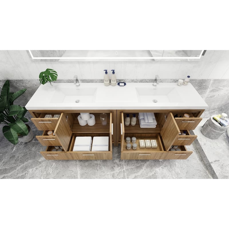 dolce 84 natural oak finish freestanding bath vanity with dual basin reinforced acrylic top