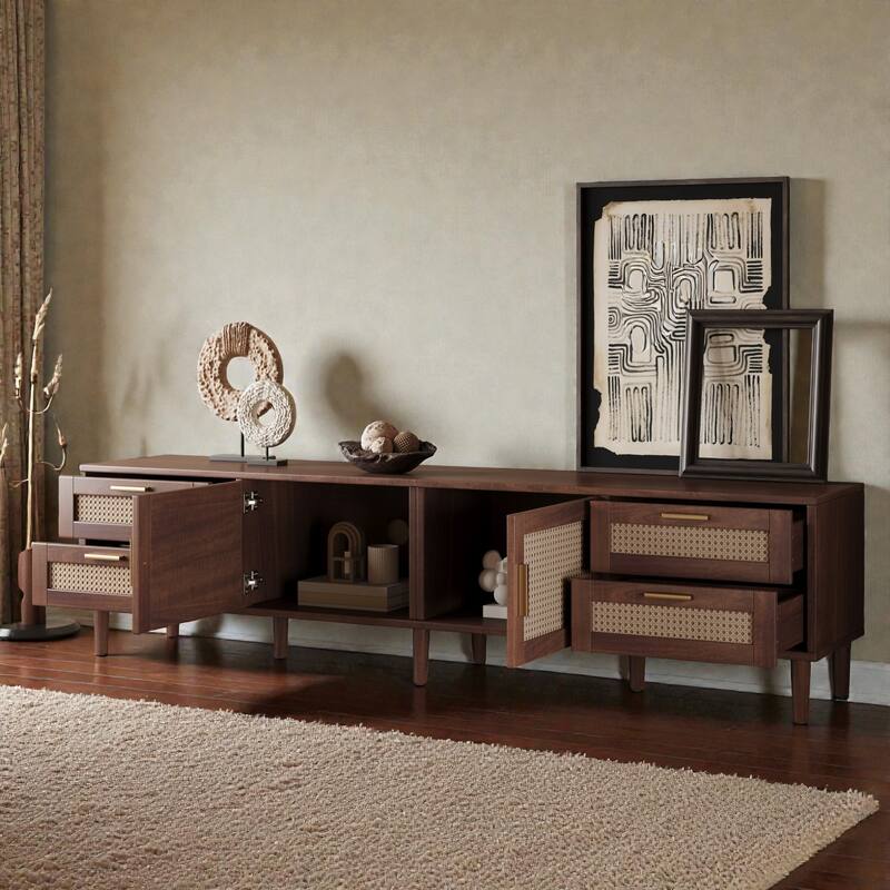 78" Rattan TV Stand for TVs up to 85", Modern Media Console with 4 Drawers, Soft-Close Hinges & Solid Wood Legs