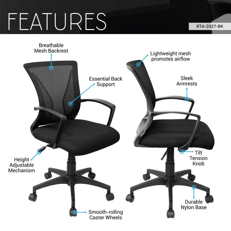 Techni Mobili Ergonomic Mesh Office Chair, Breathable Black Task Chair for Home Office or Study with Adjustable Height Tilt