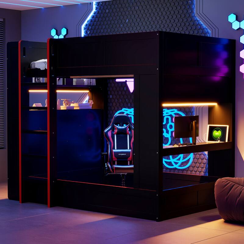 Roomfitters Full Size Gaming Bunk Bed with Desk, Storage Shelves, LED and Charging Station, Black