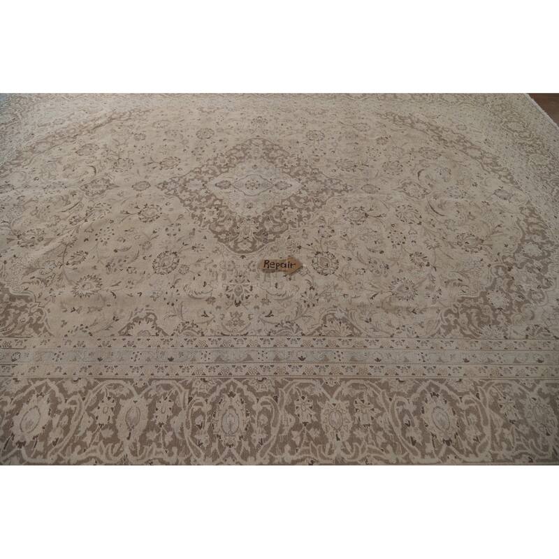 Hand Knotted Oriental 100% Wool Carpet Traditional Floral Beige & Ivories Kashan Area Rug - 12' 5'' X 9' 5''