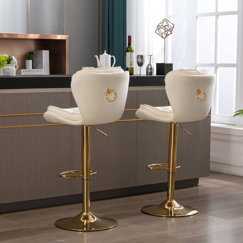 Set of 2 Adjustable Swivel Bar Stools, Cream Velvet with Chrome Footrest & Gold Legs