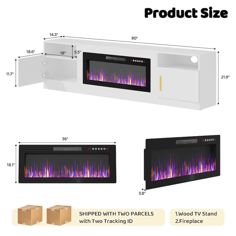 BOSSIN 80" Modern Electric Fireplace TV Stand with 20-Color LED Lights, Fits Up to 90" TV, Adjustable Shelves & Storage Cabinets