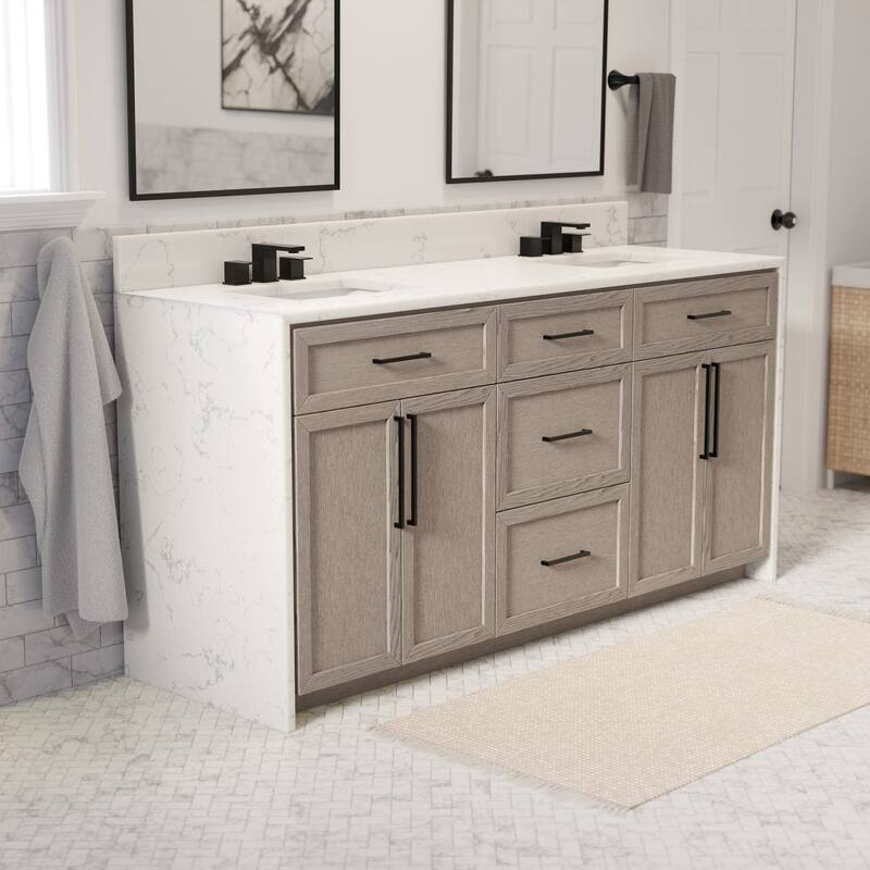 KitchenBathCollection Palisade 72" Double Waterfall Vanity with Engineered Marble Top - Gray Oak