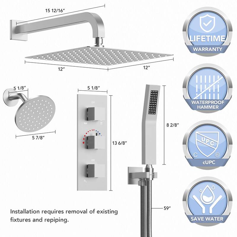 Thermostatic Shower System 12" Dual Heads Shower Faucet with High Pressure Handheld Spray
