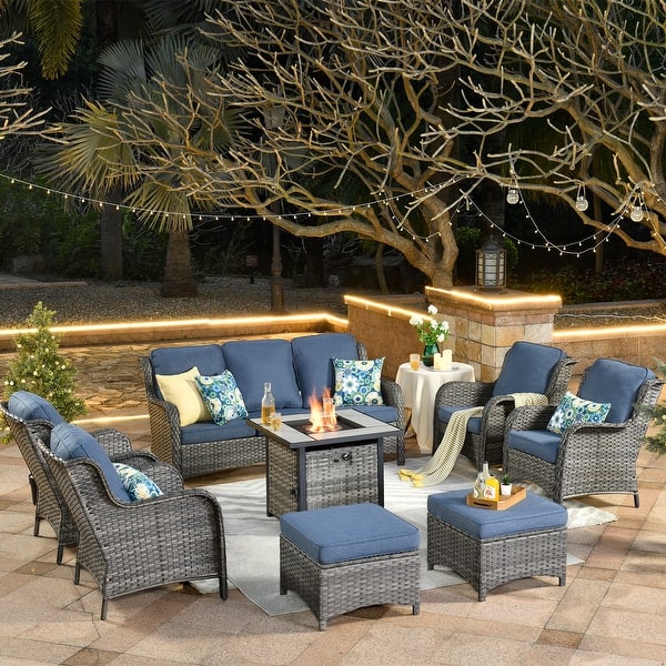 OVIOS Grey Wicker 8piece Patio Furniture Set With Fire Pit On Sale