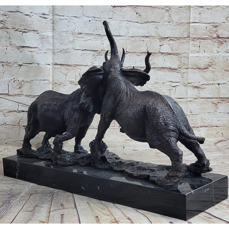 Imitative Elephants In Battle Bronze Sculpture Hot Cast Marble Base Figurine Wild Life Art