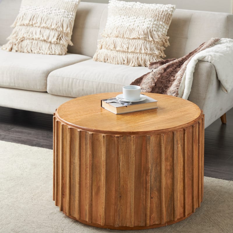 Brown Mango Wood Handmade Coffee Table with Slatted Grooved Sides - Brown - 29" x 29" x 18"