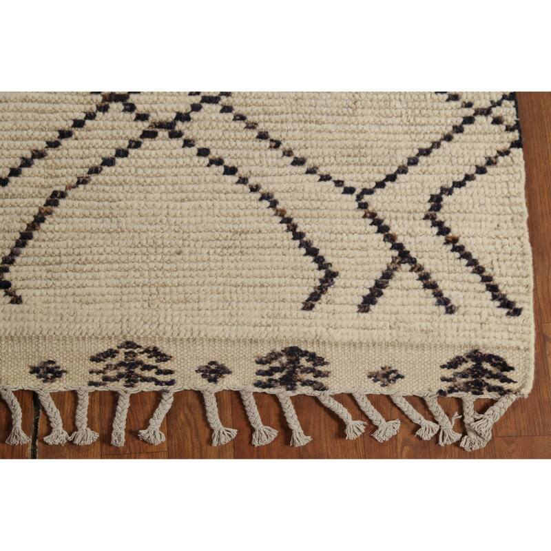 Ivory Striped Moroccan Oriental Rug Hand-Knotted Wool Carpet - 3'11"x 6'8"