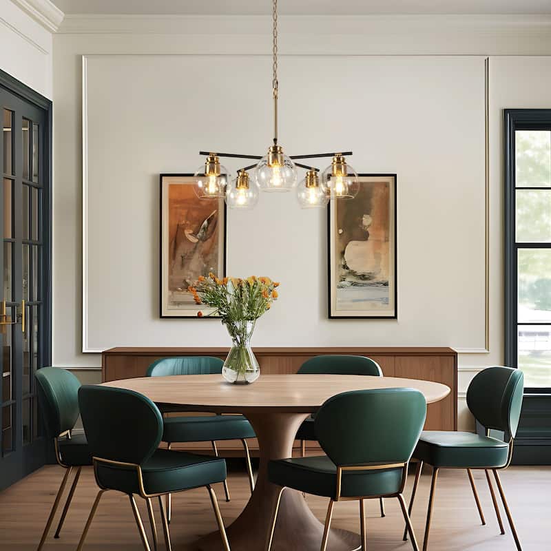 Modern 5-Light Black Gold Chandelier Orb Seeded Glass Pendant Light for Dining Room - 23" D x 17.5" H