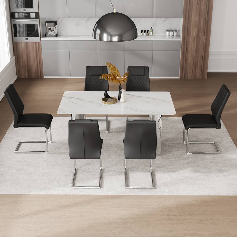 Luxury 7-Piece Rectangular Dining Table Set, 63" Kitchen Table with 6 Upholstered Faux Leather Chairs for Dining Room - Silver