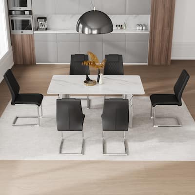 Luxury 7-Piece Rectangular Dining Table Set, 63" Kitchen Table with 6 Upholstered Faux Leather Chairs for Dining Room