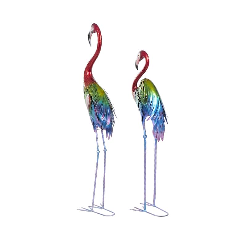 Metal Flamingo Tall Textured Rainbow Garden Sculpture - Set of 2 Multi Colored - Roche River Decor