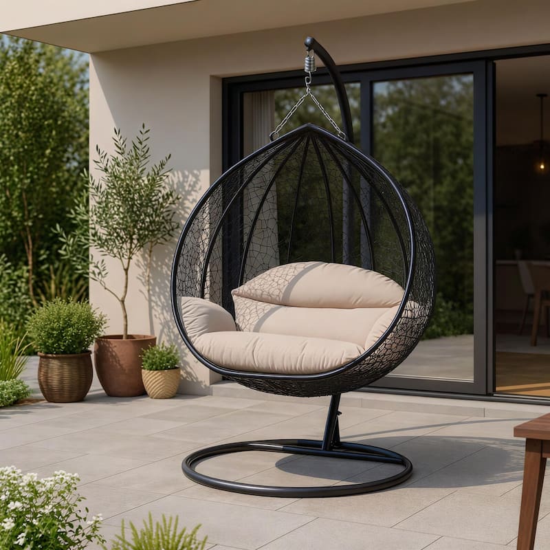 2-Person Outdoor Hanging Egg Chair with Teardrop Frame, Weather-Resistant Cotton Cushioned Seat for Patio and Indoor Use