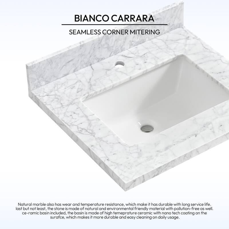Zevio Natural Marble Vanity Top in Carrara White with Ceramic Sink