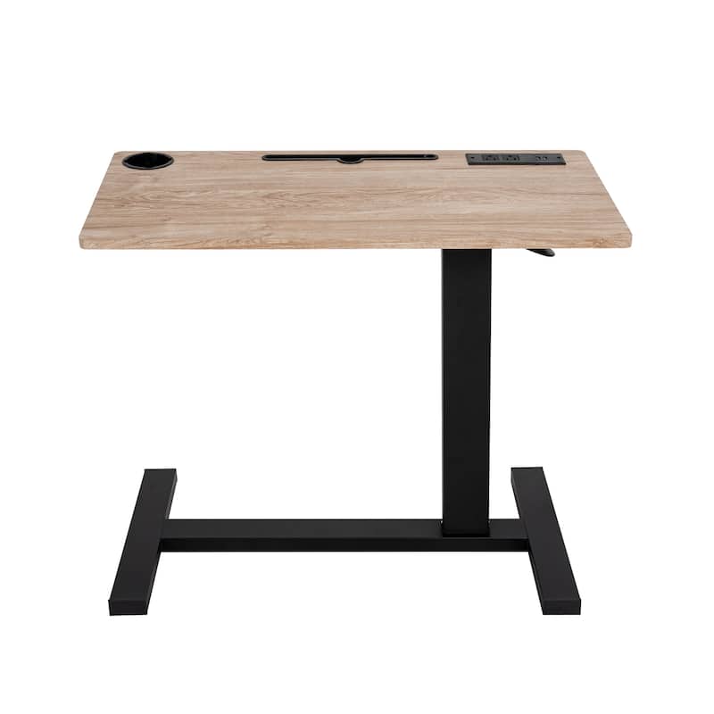 Height-Adjustable Overbed Table with Hidden Casters, Portable Bedside Desk with Tray, Pen Holder, USB & C-Type Ports