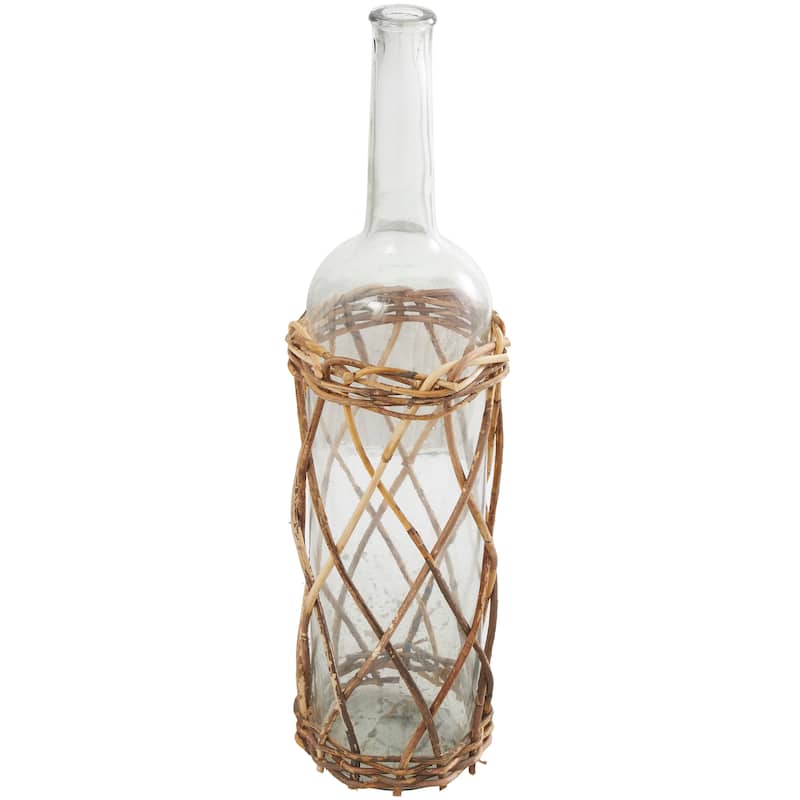Clear Glass Handmade Tall Vase with Brown Rattan Woven Lower Body