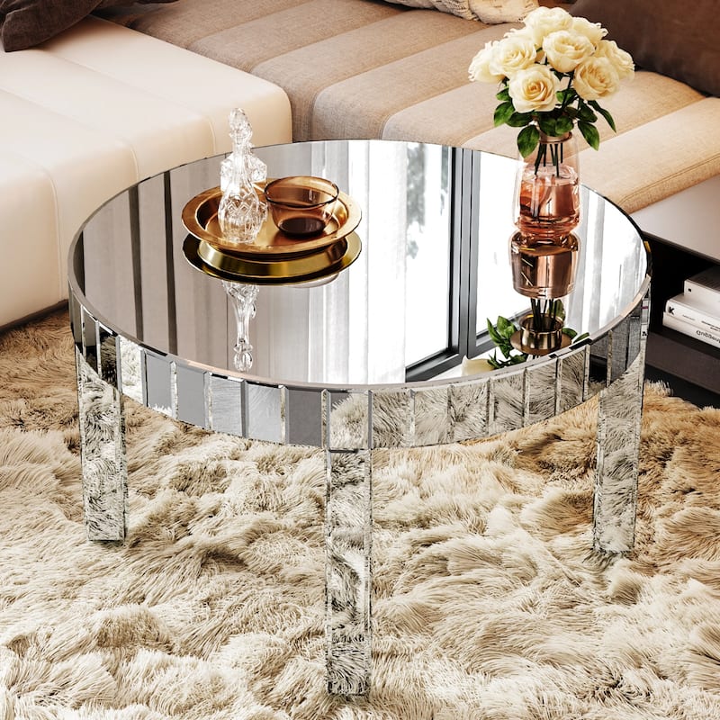 Roomfitters 31.5" Round Mirrored Coffee Table, Fluted Silver Center Table for Living Room, Reflective Glass - Silver