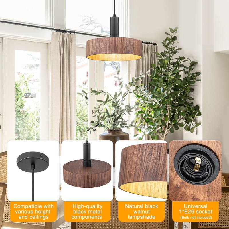 Modern Matte Black Pendant Light with Wood Shade Kitchen Fixture - Dia.12-in