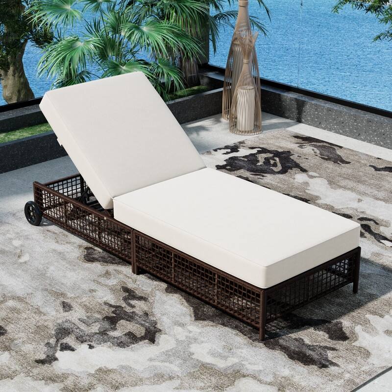 Outdoor Patio Rattan Chaise Lounge Chair with 5-Position Adjustable Backrest & Wheels - Brown-Single