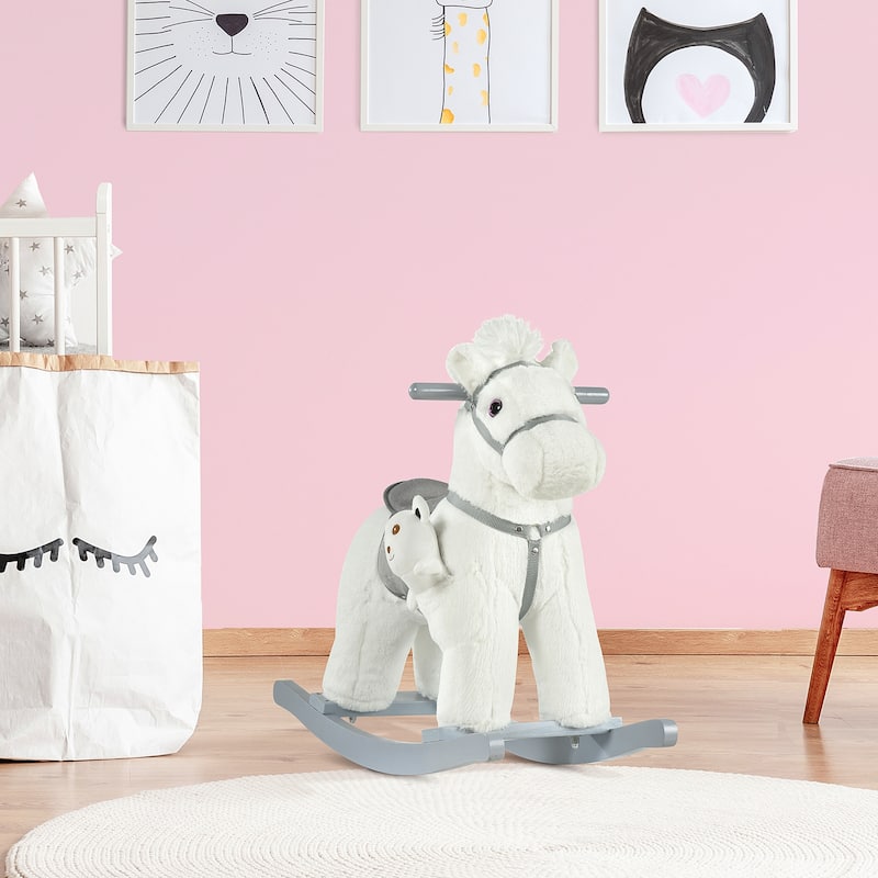 Plush Rocking Horse with Bonus Bear Toy and Sound for Toddlers Wooden Base - 25.5" L x 10.25" W x 21.75" H