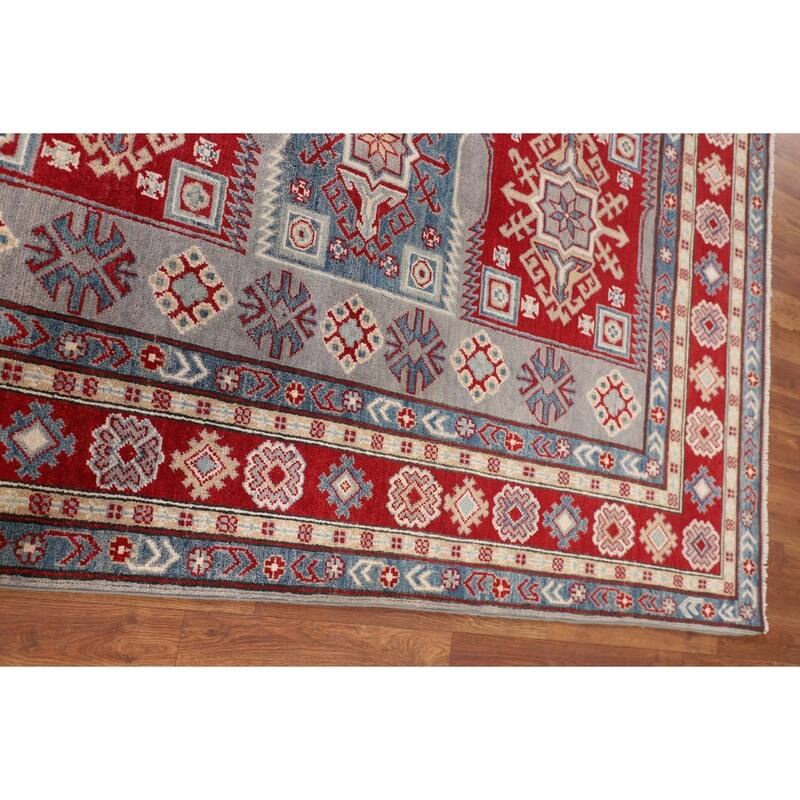 Kazak Oriental Area Rug Hand-Knotted Traditional Grey Wool Carpet - 5'0" x 6'7"