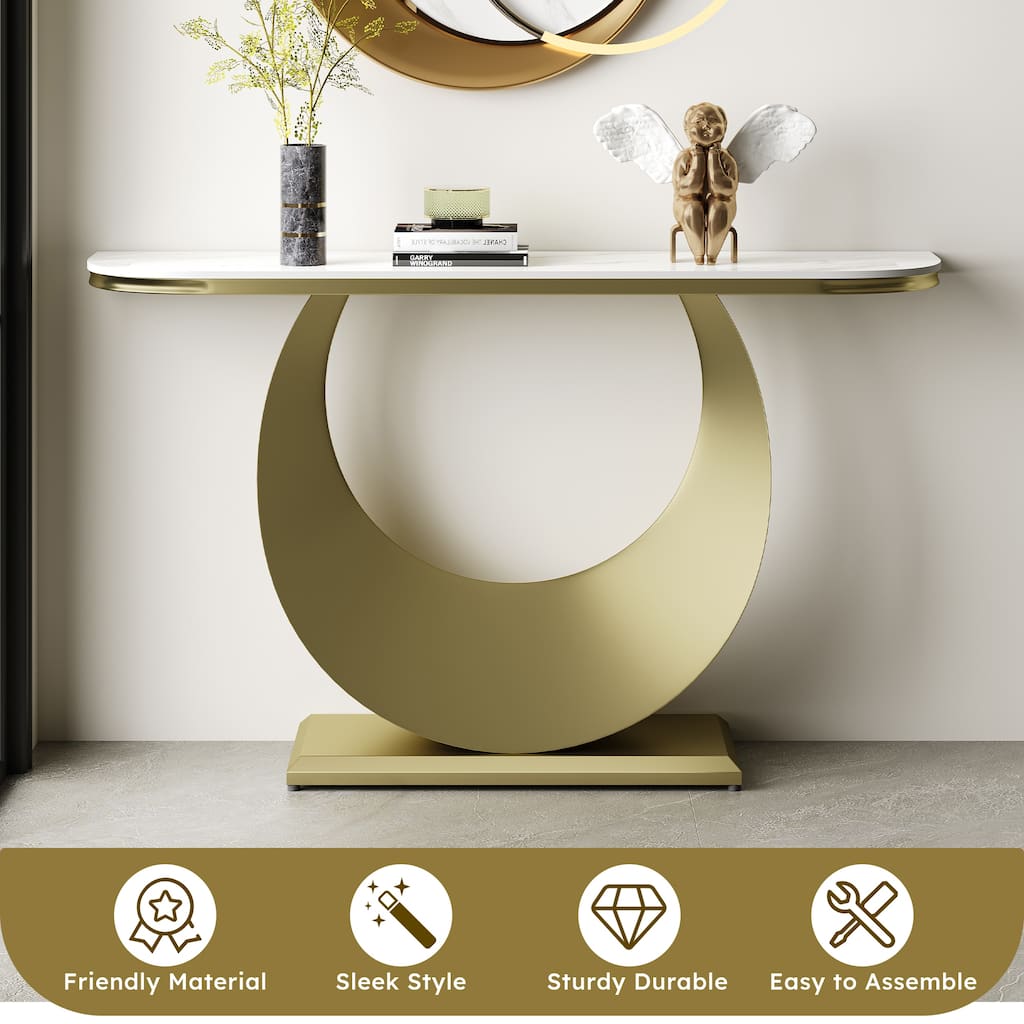 Modern Half Console Table with Faux Marble Top and Gold Metal Base, 47.2" Long Narrow Entryway Table, Sofa Accent Table