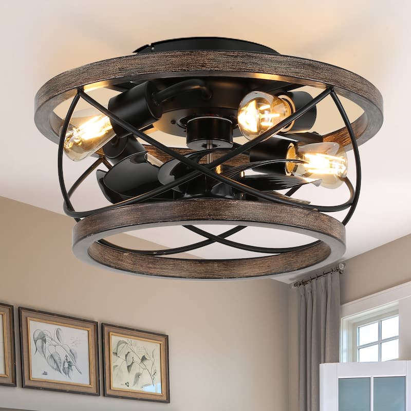 Oaks Aura 18in.Farmhouse Rustic Caged Flush Mount Ceiling Fan with Lights，3-Speed Reversible Shabby Chic Ceiling Fan w/ Remote