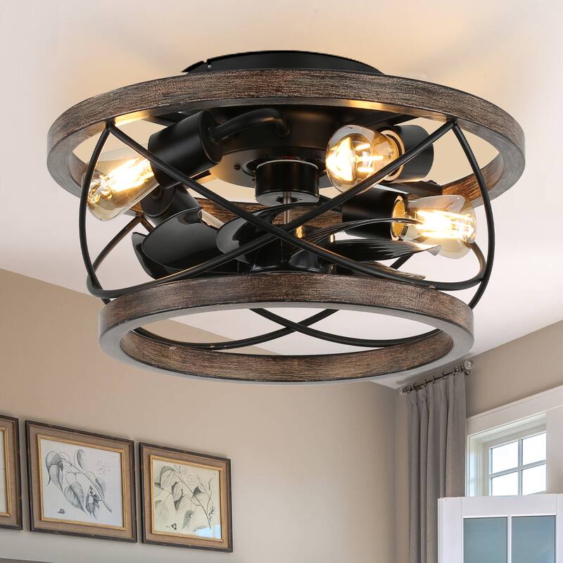 Oaks Aura Farmhouse Industrial 5 Candle Lights Chandelier, Industrial Metal Caged Ceiling Light/Ceiling Fan - 18" - Wood Ceiling Fan