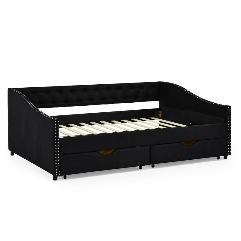 Full Daybed with Drawers,Linen Upholstered Bed with Button on Back and Copper Nail