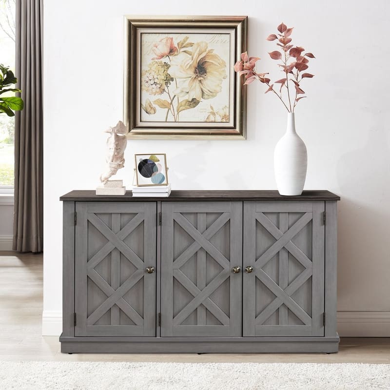 48" Wood Finish Buffet Cabinet with 3 Doors - Rustic Style - Grey