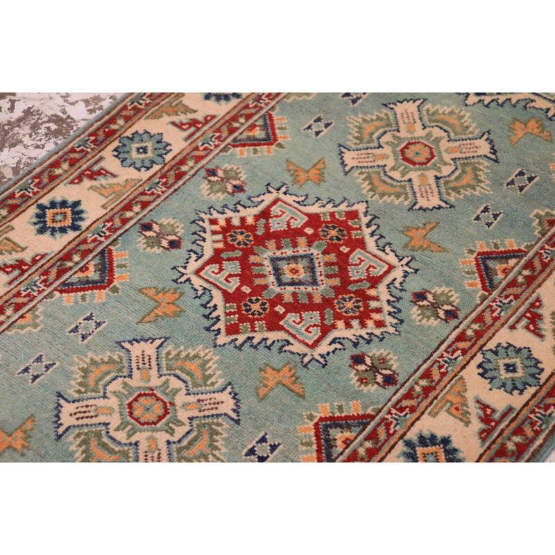 Bohemian Kazak Carla Green/Beige Wool Runner - 2'8'' x 9'5''