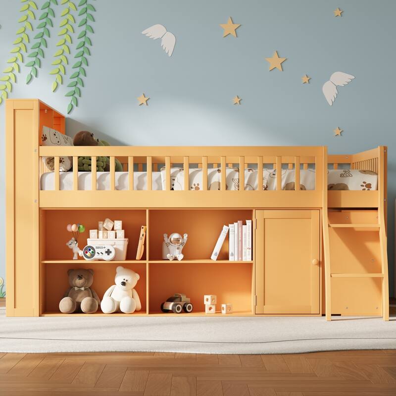 GDFStudio - PureSpace Modern Wooden Queen Loft Bed with Storage and LED Headboard