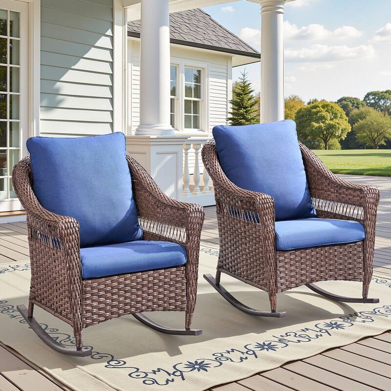 Pocassy Outdoor Rocker Chairs Patio Funiture Set - Brown & Blue - 2 Pieces