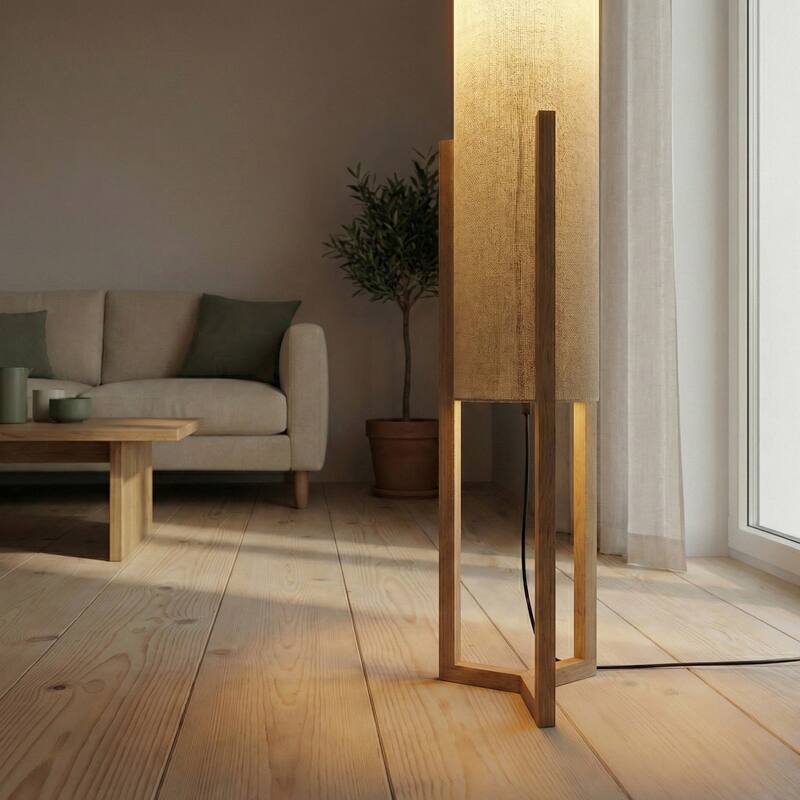 Kelly Modern Natural Wood Floor Lamp with Faux Linen Shade